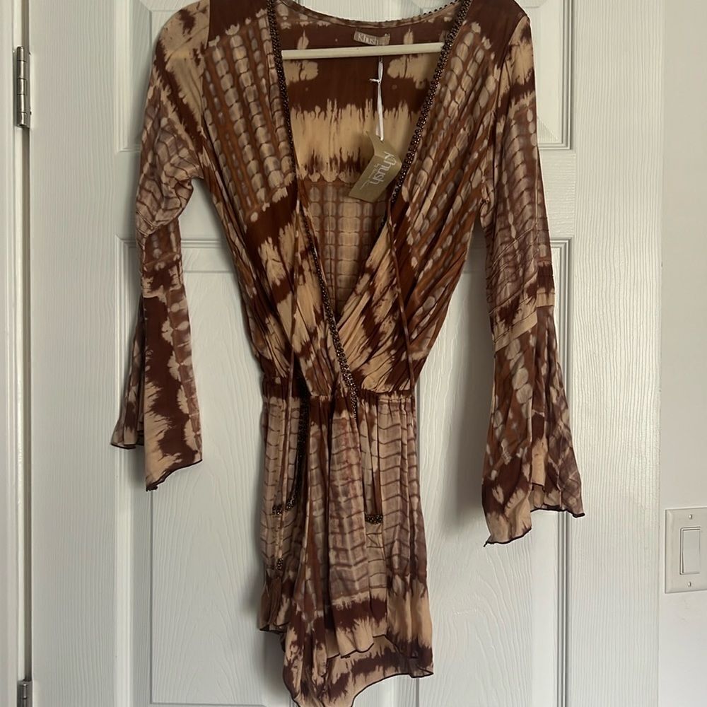 Kusch Brown Tie-Dye Wrap Romper with Long Bell Sleeves